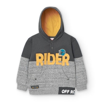 Sweatshirt cinza com capuz laranja interior e estampa RIDER amarela