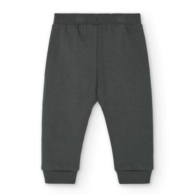 Calças de criança cinza escuro com elástico na cintura e punhos nos tornozelos