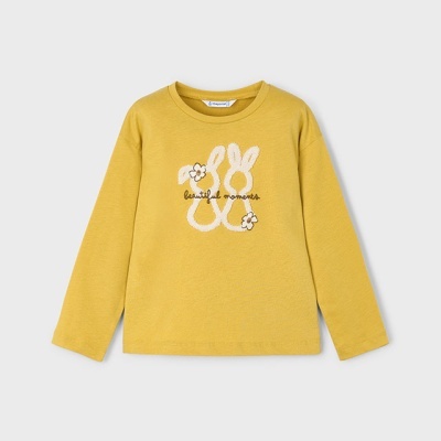 Camisola amarela de manga comprida para criança com estampado branco de dois coelhos e texto