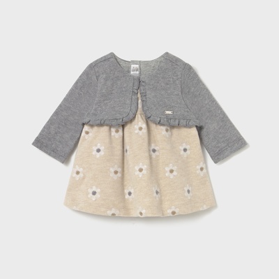 Vestido bebé cinzento e bege com flores e manga comprida