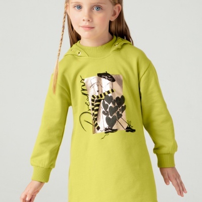 Vestido de manga comprida verde limão com estampa e capuz para criança