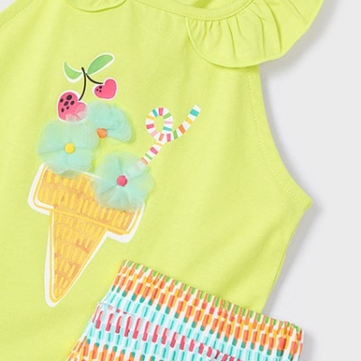 Conjunto infantil amarelo com vestido e calções coloridos para menina