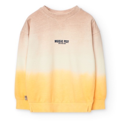 Sweatshirt unissexo tie-dye bege, branco e amarelo com texto 'MUSIC FEST WITH THE BEST'