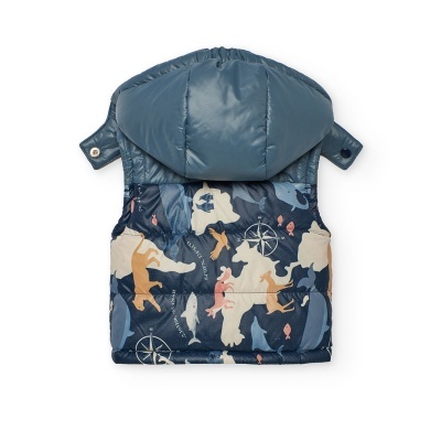 Colete acolchoado para cão com padrão marinho e capuz azul