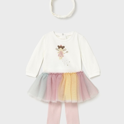 Conjunto infantil com body branco, saia tutu colorida, meia rosa e diadema branco
