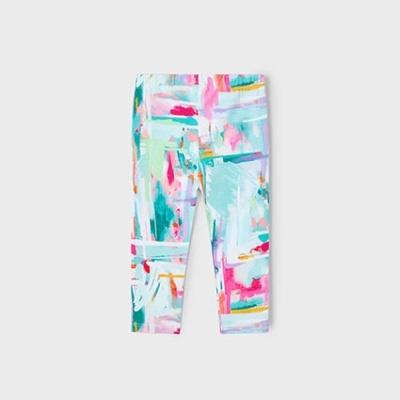 Leggings de criança com padrão abstrato colorido em tons pastel.