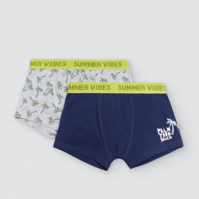 Dois boxers para homem com cinto amarelo neon e temas de palmeiras