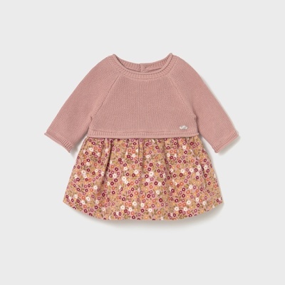 Vestido de bebé rosa com parte superior em malha e saia estampada com flores