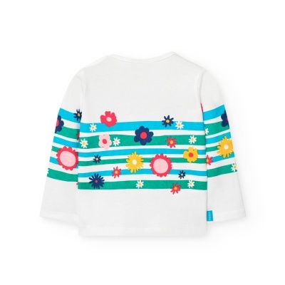 Camisola branca com riscas azuis e flores coloridas