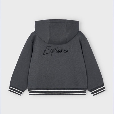Casaco cinza escuro com capuz e bordado 'Explorer' nas costas