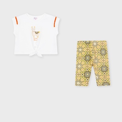 Conjunto infantil t-shirt branca com desenho de lhama e calças amarelas com padrão floral