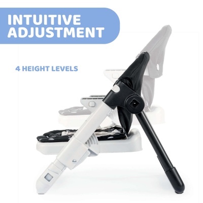 Cadeira alta de bebé branca e preta com ajuste de altura em quatro níveis