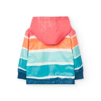 Casaco impermeável infantil com riscas coloridas e capuz