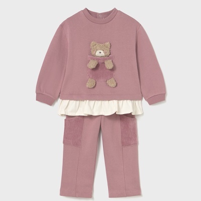 Conjunto infantil rosa com blusão com urso de peluche e calças com detalhes