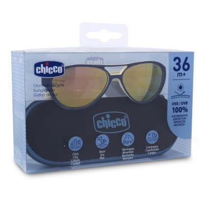 Óculos de sol Chicco para crianças com lentes amarelas espelhadas e estojo preto em caixa azul