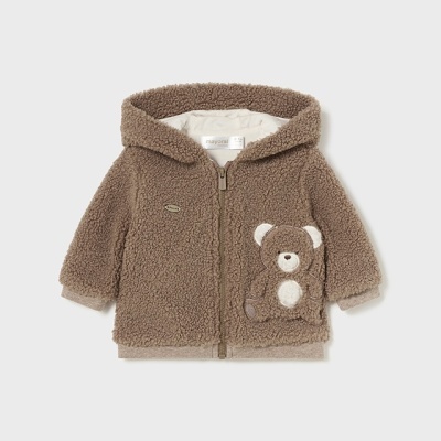 Casaco peluche castanho para bebé com capuz e aplicação de urso