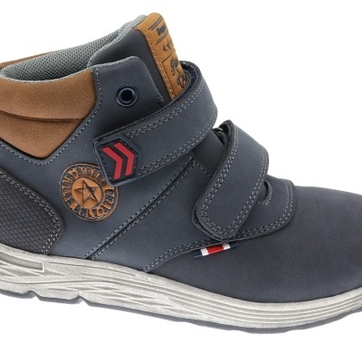 Ténis de criança cinza escuro com fecho de tiras e detalhes castanho e vermelhos