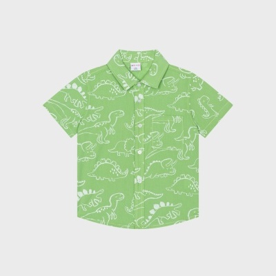 Camisa verde clara de criança com padrão de dinossauros brancos.