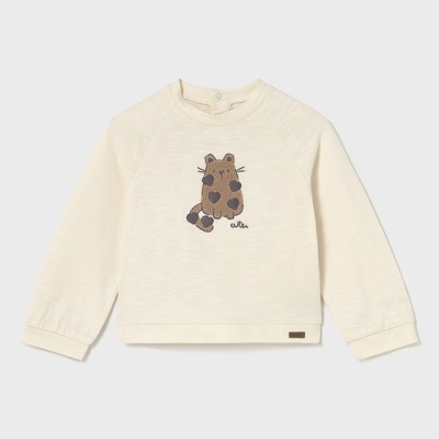 Camisola infantil creme com aplicação de animal e texto 'cute'