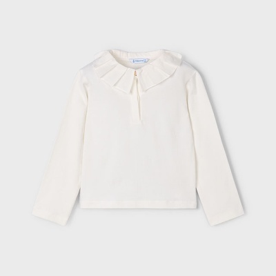 Camisola branca de manga comprida com gola rodada franzida para criança