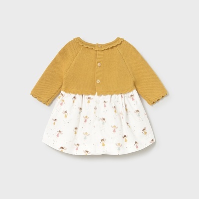 Vestido bebé amarelo mostarda com saia branca estampada com raposas e flores