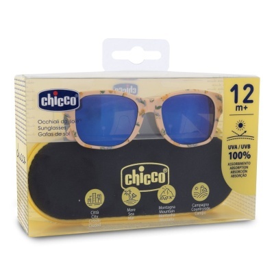 Óculos de sol Chicco para bebés com lentes azuis e estojo preto em embalagem amarela