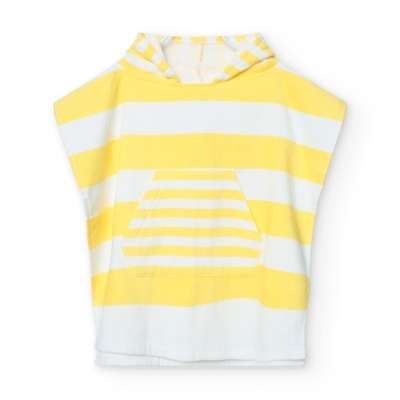 Poncho com capuz listrado amarelo e branco em tecido de felpa