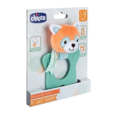 Mordedor Chicco com peluche de panda cor de laranja e branco para bebés