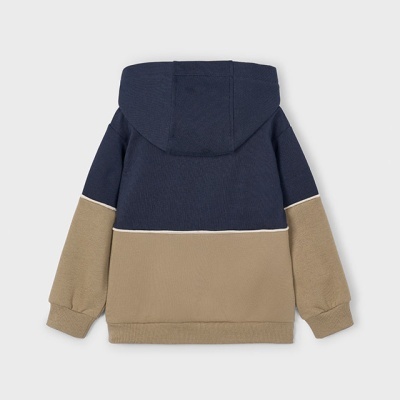 Casaco com capuz azul escuro e bege para criança visto de trás