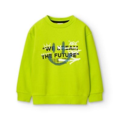 Sweatshirt verde neon de criança com texto estampado e grafismos.