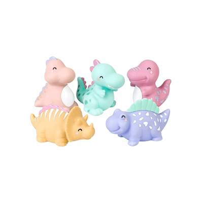 Brinquedos de dinossauros coloridos em fundo branco