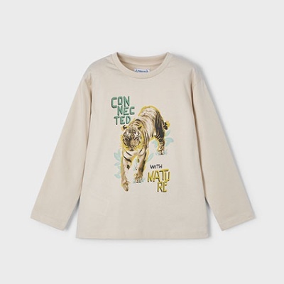 Camisola bege manga comprida com estampado de tigre e texto