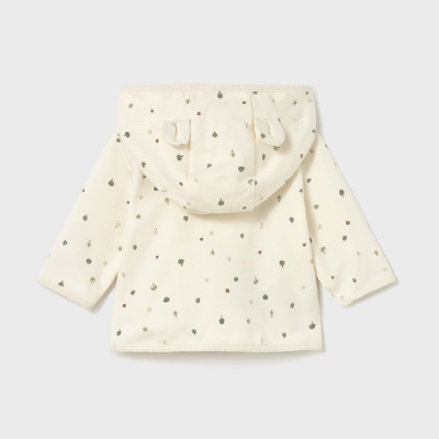 Casaco de bebé creme com capuz e padrão de folhas verdes e castanhas