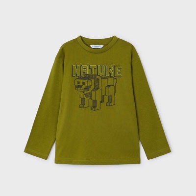 Camisola verde-oliva com estampa de urso pixelado e texto NATURE