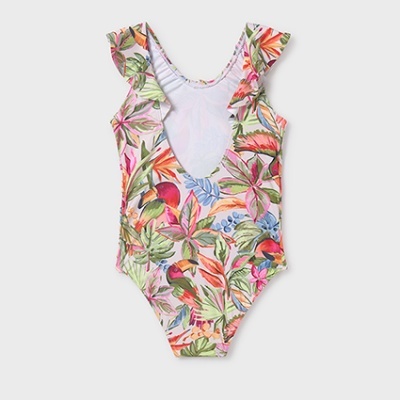 Fato de banho infantil com padrão floral colorido e folhos nas alças.