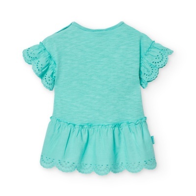 Camisola infantil azul-turquesa com folho bordado