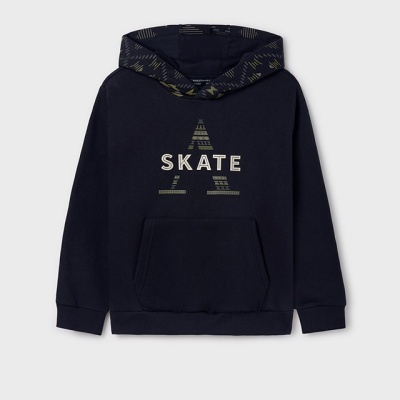 Sweatshirt criança preta com capuz, bolso canguru e texto SKATE