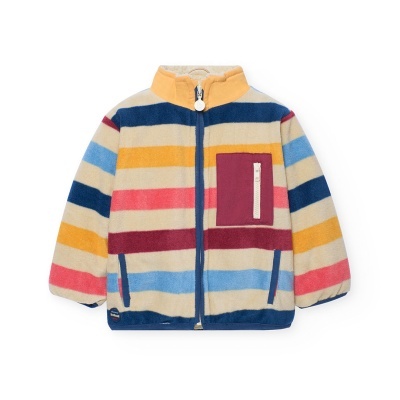 Casaco infantil de tecido polar com riscas coloridas e bolso frontal