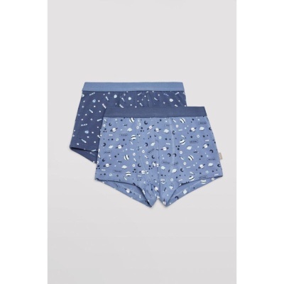 Dois calções de algodão para criança, azul claro e azul escuro com padrões, cintura elástica azul.