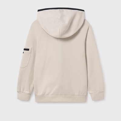 Casaco bege claro com capuz, bolso na manga e detalhes pretos