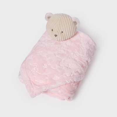 Manta cor-de-rosa macia com cabeça de urso creme em veludo canelado