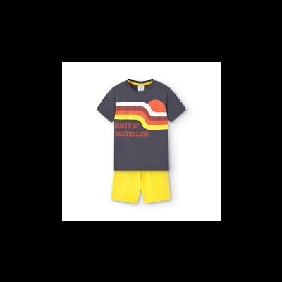 Conjunto de roupa infantil com t-shirt cinza e calções amarelos