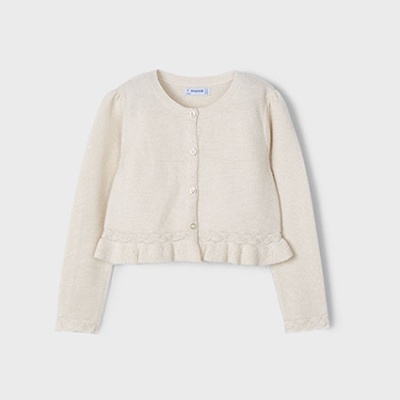 Cardigan infantil creme com botões e folho na bainha