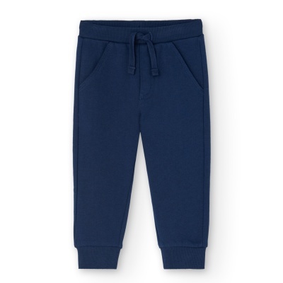 Calças de criança azuis com cós elástico e cordão