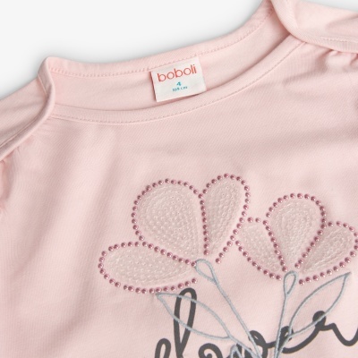 Camisola rosa claro infantil com flores de pedras e etiqueta boboli