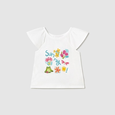 T-shirt branca de criança com estampado colorido e texto 'Sunny'.