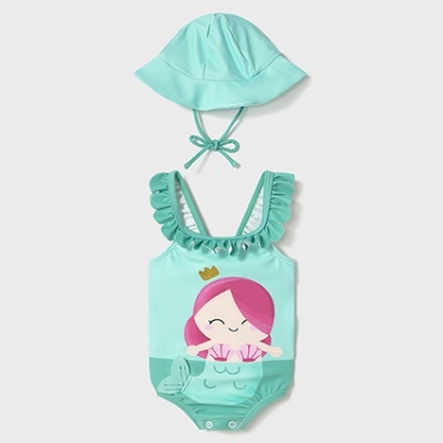 Fato de banho de bebé verde água com estampa de sereia e chapéu azul claro