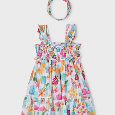 vestido de criança floral colorido com faixa de cabelo correspondente