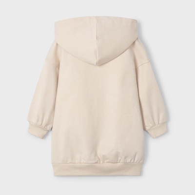 Casaco bege claro com capuz visto de costas
