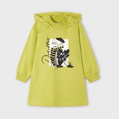 Vestido infantil amarelo claro com estampa e capuz